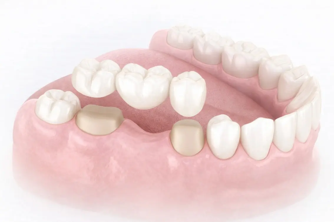 歯を失った部分を補う治療をブリッジと言い、欠損した両隣の歯を支台歯として、失った機能と審美を補います